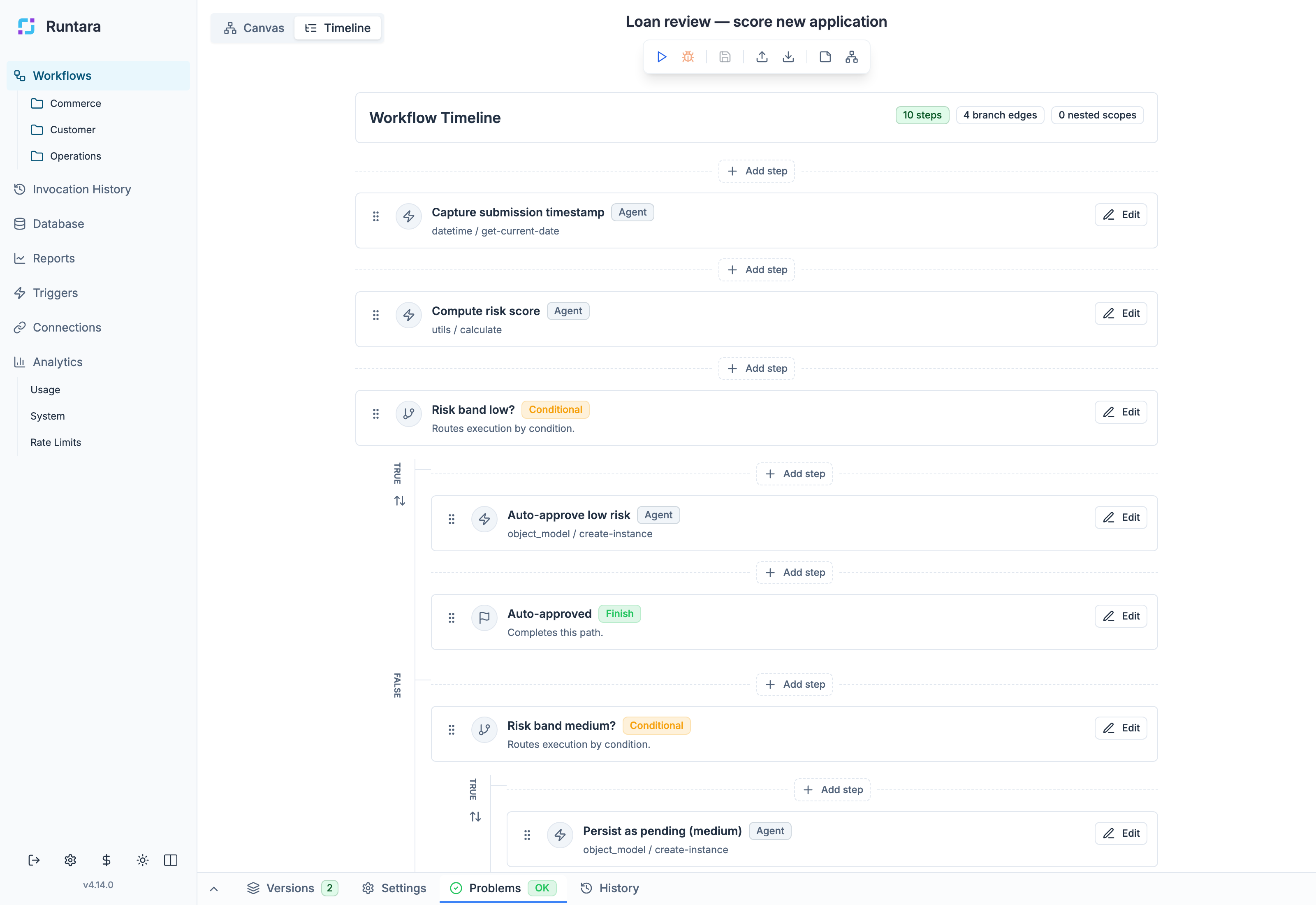 Loan review workflow with automated scoring and conditional approval paths